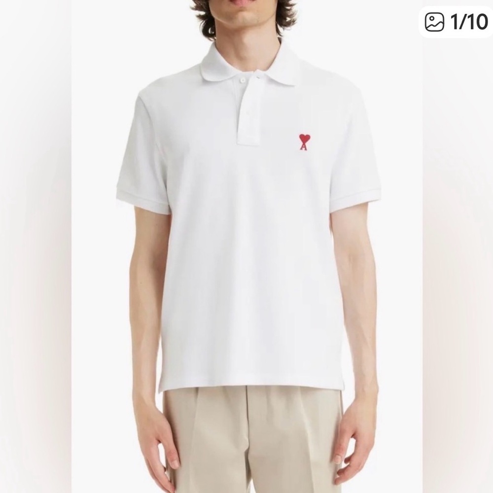 Ami Classic White Polo with Red Heart Emblem